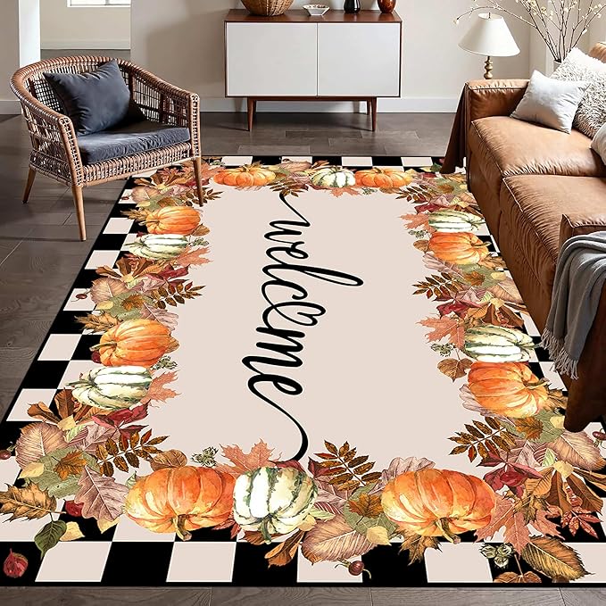 Checkered Area Rugs, 4x6ft, Black and White Check with Fall Leaves Pumpkin Autumn Harvest Carpet, Entrance Rubber Non Slip Breathable Fall Rug for Dining Room Laundry