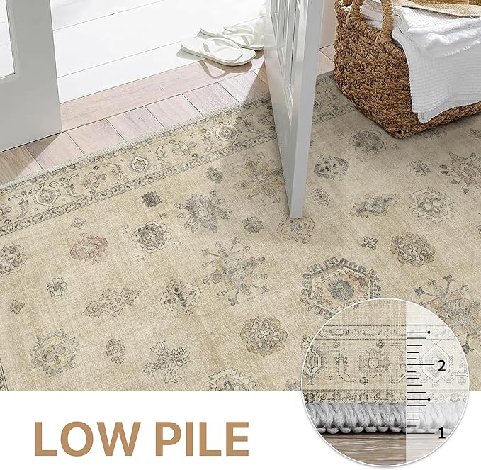 GENIMO 5x7 Area Rugs for Living Room, Machine Washable Non Slip Vintage Retro Rugs, Low Pile Lightweight Chenille Print Rug for Bedroom, Dining Room, Home Office, Sage