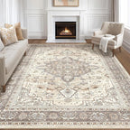 10x14Ft Area Rugs Living Room: Washable Boho Large Neutral Vintage Soft Rug Stain Resistant Farmhouse Non Slip Indoor Floor Carpet for Bedroom Nursery Kids Playroom Office Dining Room- Beige Brown