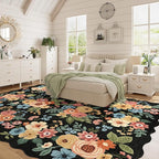 DUKINO 8x10 Area Rug, Floral Washable Rugs for Living Room with Non Slip Backing & Non-Shedding, Lightwight Low Pile Boho Design Large Carpets for Bedroom, Living Room, Dining Room, Black