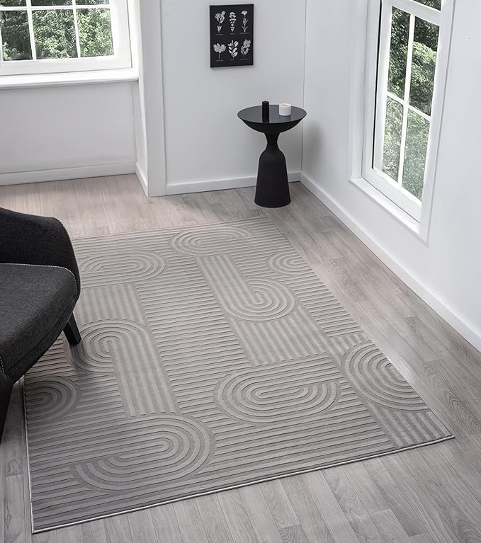 Annabel Modern Geometric Area Rug for Living Room, 4x6 Contemporary Arched and Linear Gray Rug, High-Low Pile Stain Resistant Carpet for Bedroom, Dining Room or Kitchen (4' x 6', Gray)