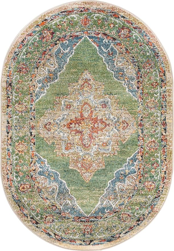 Unique Loom Isabella Collection Area Rug - Rossellini (4' x 6' Oval, Green/ Blue)