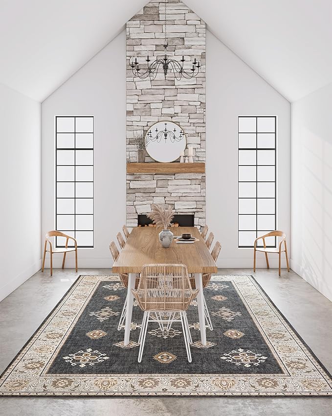 ILANGO Area Rugs 9'x12' Non Slip for Indoor Vintage Washable Rugs for Laundry Entryway Hallway Ultra-Thin Low-plie Floor Carpet for Bedroom Living Room Easy Cleaning