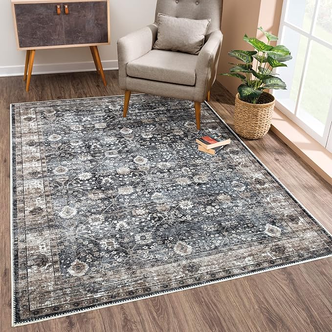 Bloom Rugs Washable Non-Slip 4' x 6' Rug - Black/Brown Traditional Area Rug for Living Room, Bedroom, Dining Room, and Kitchen - Exact Size: 4' x 6'