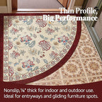 jinchan Elora Floral Corner Rug for Entryway Washable Kitchen Rug Vintage Romance Design Non Slip Quarter Circle Lightweight Low-Pile Throw Carpet for Playroom Reading Nook, 4ft Radius, Red/Beige