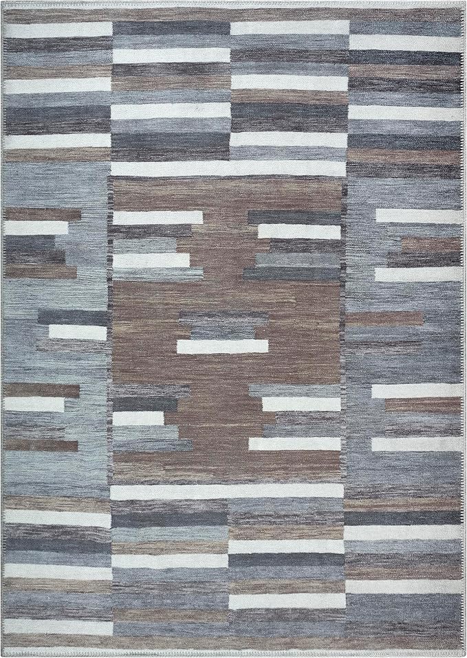 Bloom Rugs Washable Non-Slip 9' x 12' Rug - Blue/Brown Striped Area Rug for Living Room, Bedroom, Dining Room, and Kitchen - Exact Size: 9' x 12'