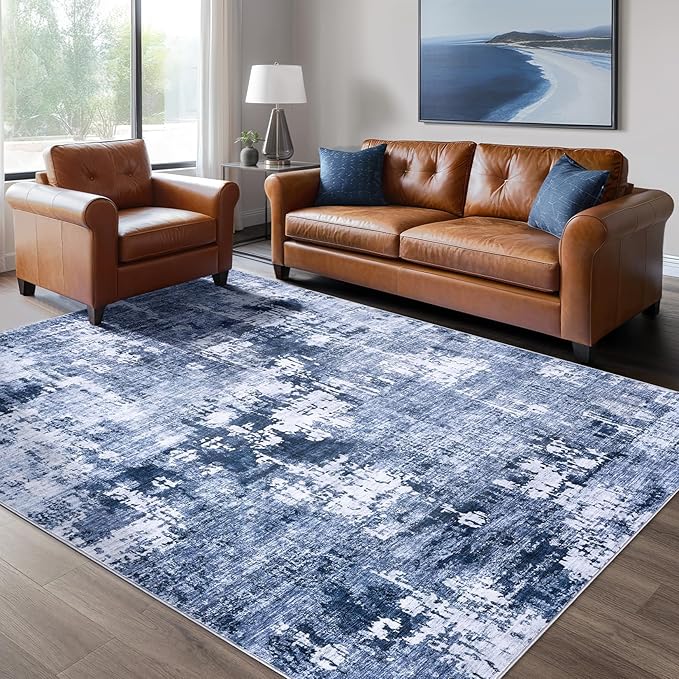Area Rug Living Room Rugs - 5x8 Washable Large Soft Indoor Neutral Modern Abstract Low Pile Rug Carpet for Bedroom Dining Room Farmhouse Home Office - Navy Blue