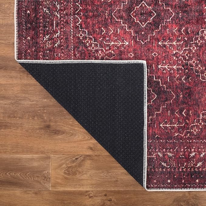 Bloom Rugs Washable Non-Slip 4' x 6' Rug - Dark Red Traditional Bordered Area Rug for Living Room, Bedroom, Dining Room, and Kitchen - Exact Size: 4' x 6'