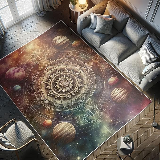 Ambesonne Galaxy Decorative Rug, Dreamy Art of Starry Outer Space with Planets Featuring Oriental Mandala, Quality Carpet for Bedroom Dorm and Living Room, 2' 5" x 5', Pale Camel Dried Rose
