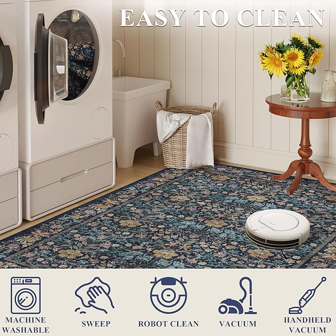 DUKINO 2x3 Entryway Rug, Floral Washable Area Rug with Non Slip Indoor Door Mat, Vintage Low Pile Small Front Door Throw Carpet for Kitchen, Entrance, Bathroom, Bedroom, Dark Blue