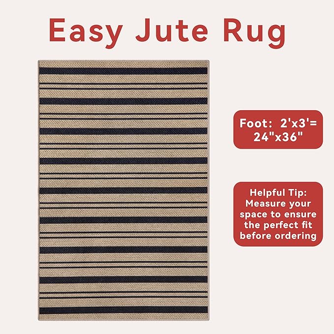 Tangsoo Stripe Easy Jute Rug,Ultra Thin 2x3 Outdoor Rug for Entryway,Non-Slip Washable Small Rug Modern Front Door Mat Throw Carpet for Kitchen Bedroom Porch Doorway