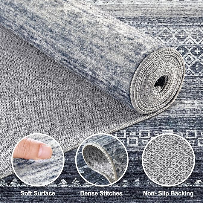 Nakagishi 12x15 Area Rug Living Room: Washable Boho Large Neutral Modern Soft Stain Resistant Farmhouse Indoor Floor Rug Non-Slip Carpet for Bedroom Nursery Kids Playroom Office Dining Room- Blue