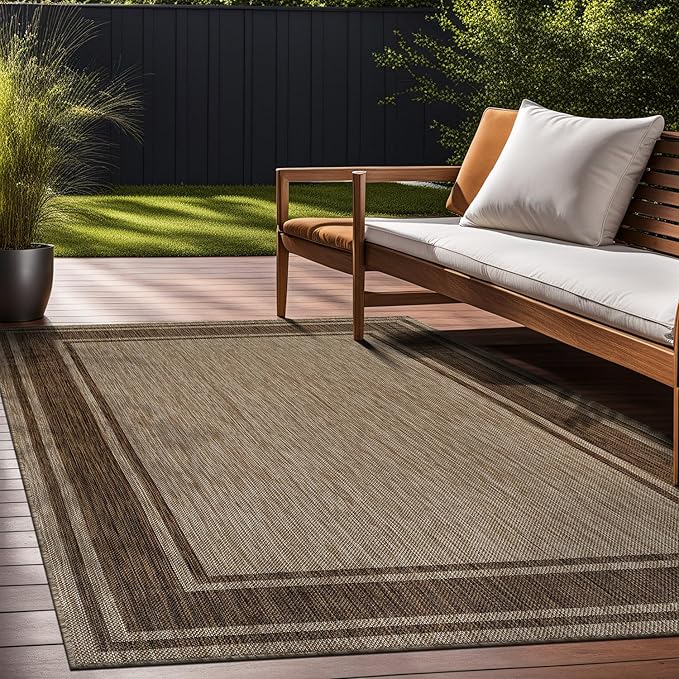 Beverly Rug Outdoor Rug 5x7 Modern Bordered Area Rugs for Indoor and Outdoor Patio Deck Porch Garden Waterproof Weather Sun Resistant Washable Outside Carpet (5 x 7 Jute)