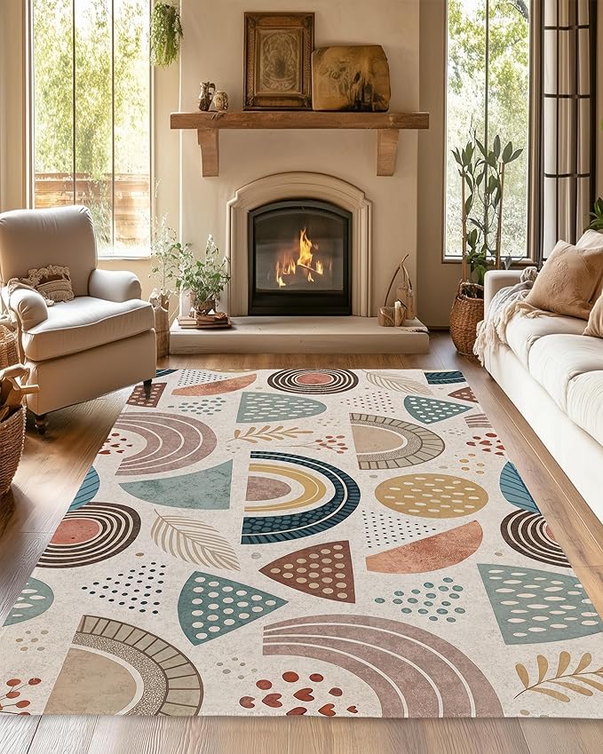 Bohemian Rainbow Washable 5x7 Area Rugs for Living Room, Thin Low Pile Contemporary Carpet, Non-Slip Base Lightweight Rug