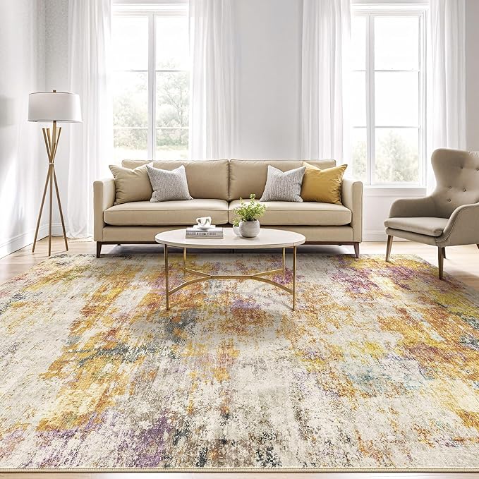 7x9 Area Rugs Living Room: Washable Large Abstract Modern Soft Stain Resistant Indoor Floor Rugs Non-Slip Accent Carpet for Bedroom Nursery Playroom Office Dining Room Dorm Home House- Gold Colorful