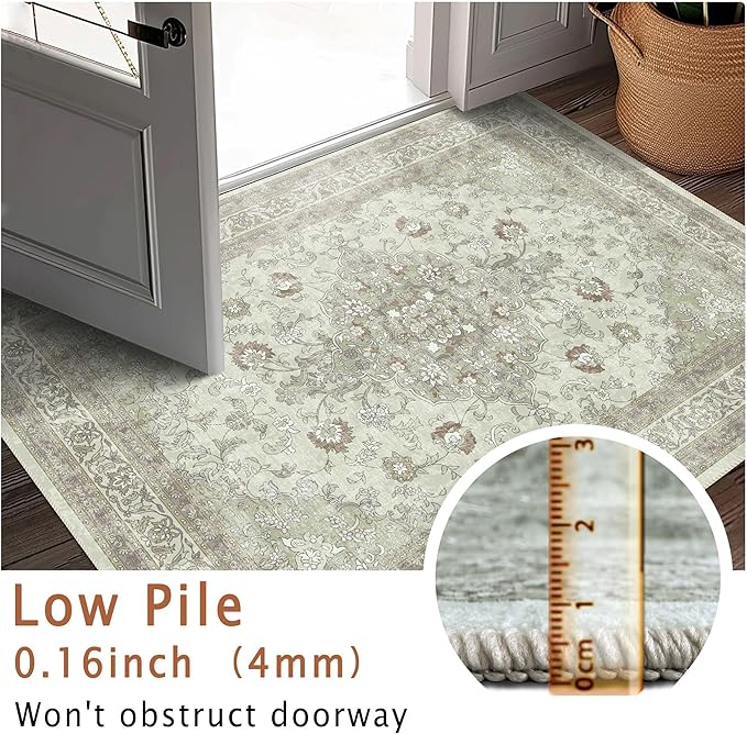 vivorug Sage Green 9x12 Area Rugs for Living Room, Non Slip Machine Washable Vintage Rug, Ultra-Thin Lightweight Large Area Rug for Bedroom, Dining Room, Low Pile Rug
