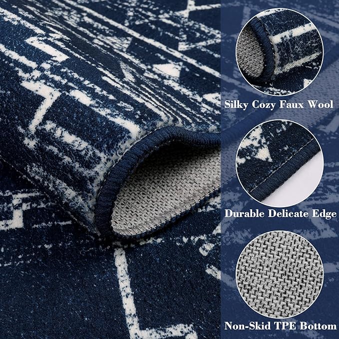 Wonnitar Moroccan Washable 6x9 Rug, Blue Large Living Room Area Rug, Non-Slip Boho Soft Rug for Bedroom, Non-Shedding Ultra-Thin Geometric Carpet for Dining Room Kitchen Basement (Blue,6'x9')