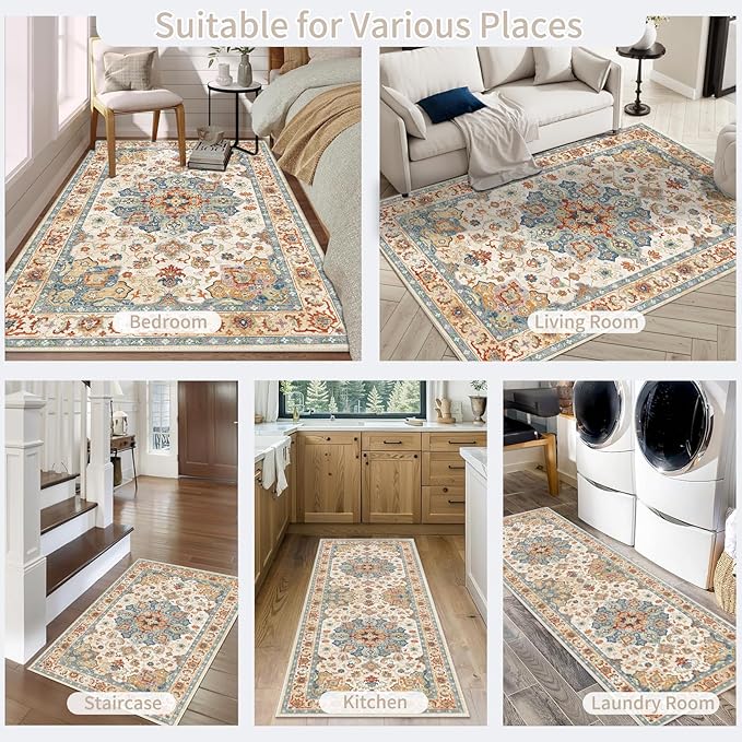 Enkor Runner Rugs for Hallway, 2x8 Washable Soft Non Slip Floor Rugs for Kitchen, Modern Mat for Living Room Bedroom Entryway Orange & Beige