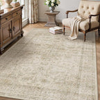 HUGEAR 3x5 Entryway Area Rug Retro Beige Small Rug Machine Washable Door Mat Vintage Floral Low Pile Carpet Distressed Throw Rug Entrance Kitchen Bedroom Bathroom Office Non Slip Soft Lightweight