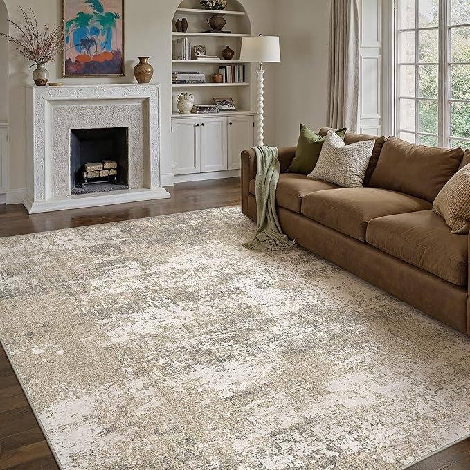 Beige Area Rug 6x9 Machine Washable Modern Abstract Living Room Carpet Non Slip Neutral Low Pile Soft Non Shedding Bedroom Contemporary Large Rug Indoor Office Dining Room Playroom