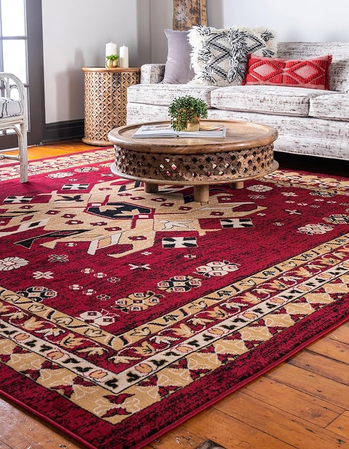 Unique Loom Taftan Collection Border Geometric Tribal Inspired Design Area Rug (8' 0 x 8' 0 Square, Red/ Gold)