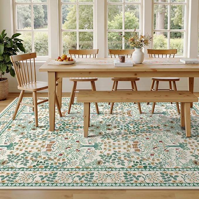 8x10 Area Rugs Living Room Rug - Floral Vintage Forest Washable Carpet, Low Pile Non-Slip Stain Resistance Boho Soft Large Carpet for Bedroom, Dining Room, Office, Farmhouse (8'x10' Beige Green)
