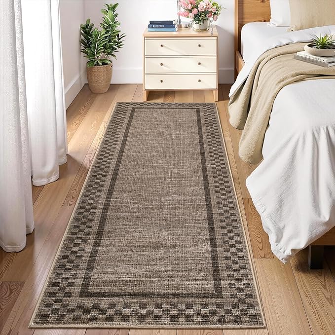 Rug Runners for Hallways 2x8 Washable Kitchen Runner Rug Non Slip Low Pile Bedside Throw Carpet Modern Bordered Bathroom Runners Checkered Area Rug for Living Room Bedroom Entryway Nursery, Brown