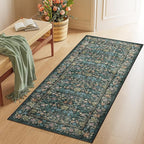 DUKINO 2x5 Washable Runner Rug, Floral Non Slip Bathroom Rugs with Soft Low Pile Design, Lightweight Non-Shedding Carpet Runner for Bathroom, Kitchen, Hallway, Bedroom, Laundry, Blue