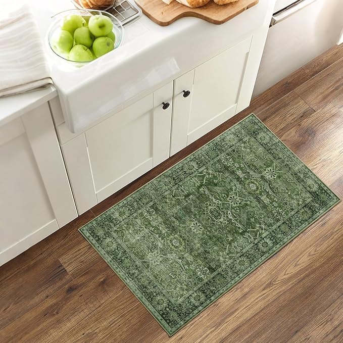 2x3 Entryway Rug Green Washable Vintage Rugs for Entryway Kitchen Low Pile Non-Slip Door Mat Traditional Distressed Small Throw Area Rugs for Kitchen Entrance Bathroom Green