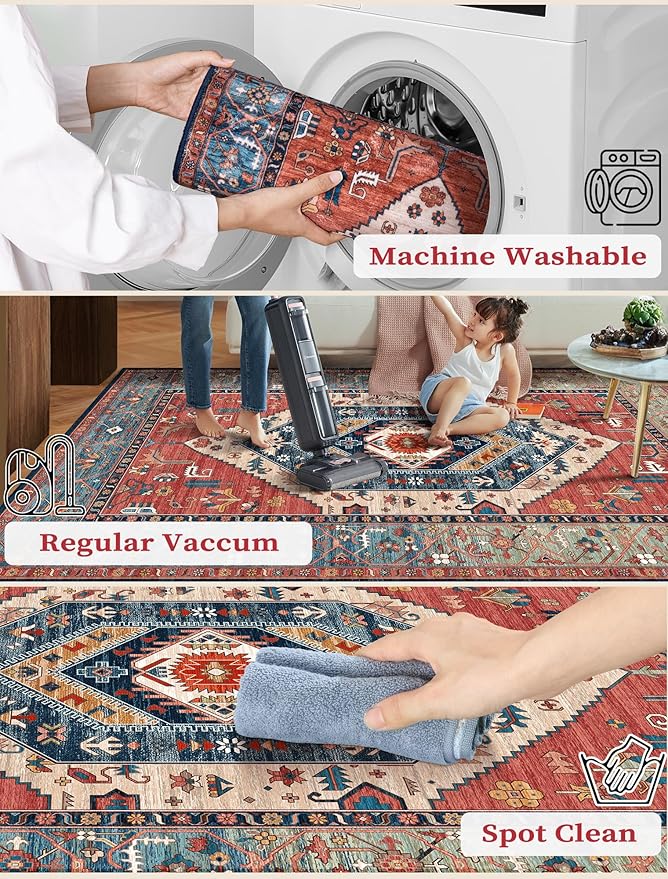 SERISSA Runner Rug for Hallways, 2'6"x12' Washable Non Slip Kitchen Runner Rug, Extra Long Boho Rug Ultra Soft Vintage Rust Print Floor Carpet for Bedroom Hallway Entryway Bathroom Laundry Room