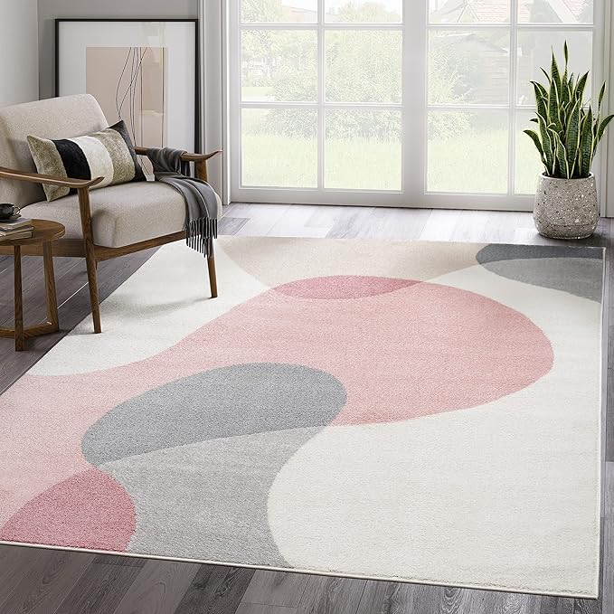 Abani Rugs Cream and Pink 8 ft. x 10 ft.(7'9"x10'2") Contemporary mid-Century Rug with Beige and Pink Geometric Circle. Minimalistic Design Rectangular Area Rug. Turkish Stain Resistant Area Rug.