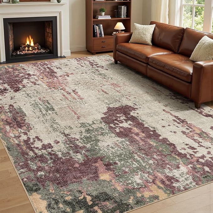 6x9 Area Rug Living Room Rugs - Washable Neutral Modern Abstract Soft Thin Rug Indoor Floor No Slip Rug Carpet for Bedroom Under Dining Table Home Office Decor - Purple/Green/Beige