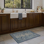 Bavni Washable Entry Rug 2x3, Non Slip Door Mat for Entryway or Kitchen, Vintage Print Low Pile Ultra Thin Indoor Rug, Blue