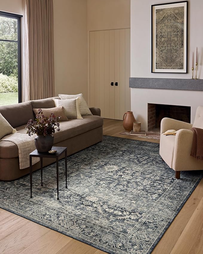 Loloi Amber Lewis Josie Collection JOS-01 Ocean/Natural 2'-6" x 7'-6", .13" Pile Height, Low Profile, Machine Washable, Runner Rug