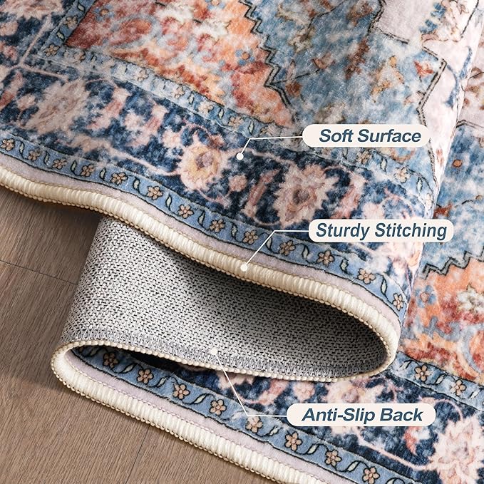 Tangsoo 2.6x10 Hallway Runner Rugs, Washable Runner Rug for Hallway Non Slip Vintage, Soft Low Pile Long Rug Runner, Print Indoor Carpet Runners for Living Room Kitchen Bedroom Entryway Blue/Orange