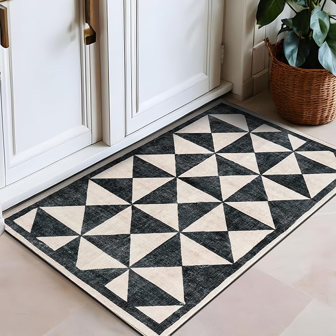 Rugshop Geometric Diamond Washable Non Slip Area Rug 2' x 4' Cream