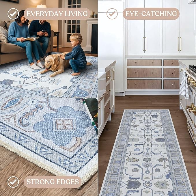 Fame Living Cream Blue Oushak Rug, Modern, Vintage, Turkish, Eclectic, Floral, Pastel, Washable, Oversized, Extra Large Area Rugs for Living Room, Dining, Bedroom, Lounge 9'5"x14'