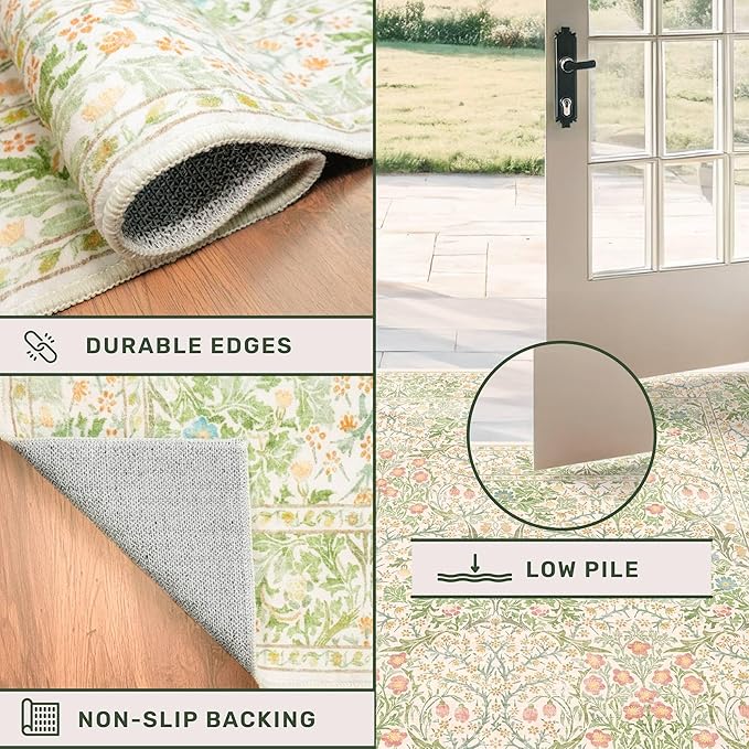 Light Beige Green Floral Living Room Rug, 7x9 Washable Area Rug for Kids Room, Bedroom, Nursery Room, Living Room, Dining Room, Low Pile Non-Slip - Vintage Design & Stain Resistance