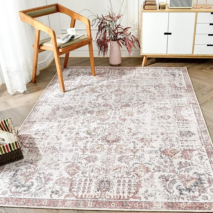jinchan Kalen Area Rug 6x9 Washable Living Room Rug Vintage Indoor Large Floor Cover Retro Accent Mat Distressed Floral Country Boho Non Slip Thin Carpet for Bedroom Dining Room Office Red Multi