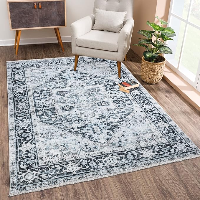Bloom Rugs Caria Washable Non-Slip 4x6 Rug - Denim Blue Traditional Area Rug for Living Room, Bedroom, Dining Room, and Kitchen - Exact Size: 4' x 6'