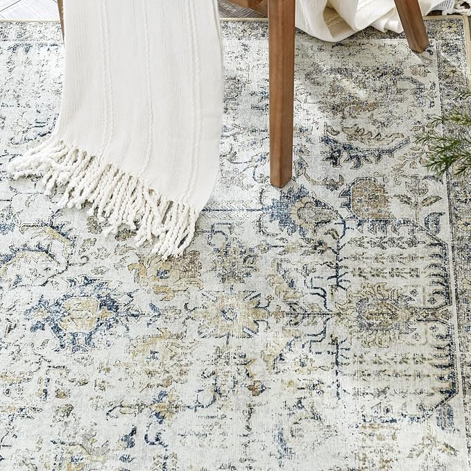 jinchan Kalen Area Rug 2x3 Washable Entryway Rug Door Mat Vintage Indoor Entrance Thin Retro Distressed Floral Print Country Boho Carpet Non Slip Doormat for Bathroom Kitchen Bedroom Blue Multi