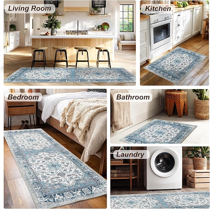 XWZO Runner Rug 2x10ft for Long Hallways, Washable Non-Slip Low Pile Area Rug with Rubber Backing, Spill Resistant Soft Vintage Floor Carpet for Kitchen Entryway Stair Landing Living Room, Blue