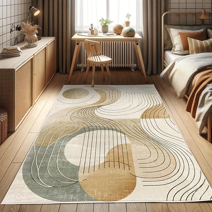 Ambesonne Modern Boho Decorative Rug, Abstract Geometry Earth Tones Swirls and Rounds Mid Century Details, Quality Carpet for Bedroom Dorm and Living Room, 2' x 5', Tan Beige Grey Teal