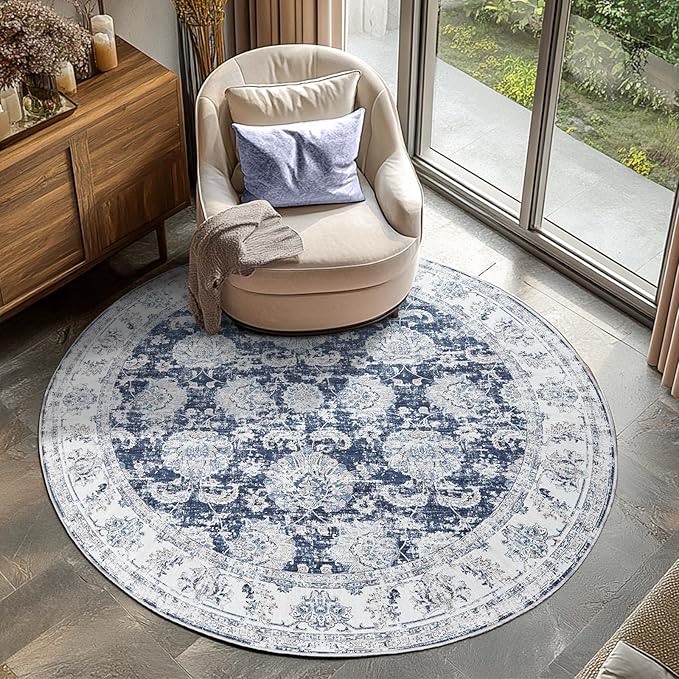 jinchan Fiora Round Rug 6ft Area Rugs Vintage Floral Distressed Design - Machine Washable Non-Slip Low-Pile Ultra-Thin Circle Rug for Entryway Bedside Living Room Bedroom (6' Round, Dark Blue)