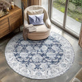 jinchan Fiora Round Rug 6ft Area Rugs Vintage Floral Distressed Design - Machine Washable Non-Slip Low-Pile Ultra-Thin Circle Rug for Entryway Bedside Living Room Bedroom (6' Round, Dark Blue)