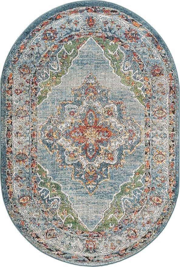 Unique Loom Isabella Collection Area Rug - Rossellini (4' 1" x 6' 1" Oval, Blue/ Beige)