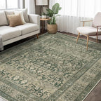 Vintage Washable Area Rug for Living Room,Low Pile 5x7 Non Slip Carpet Non-Shedding Area Rug Soft Indoor Stain Resistant Rug Floral Print Mat for Bedroom Dining Room Green
