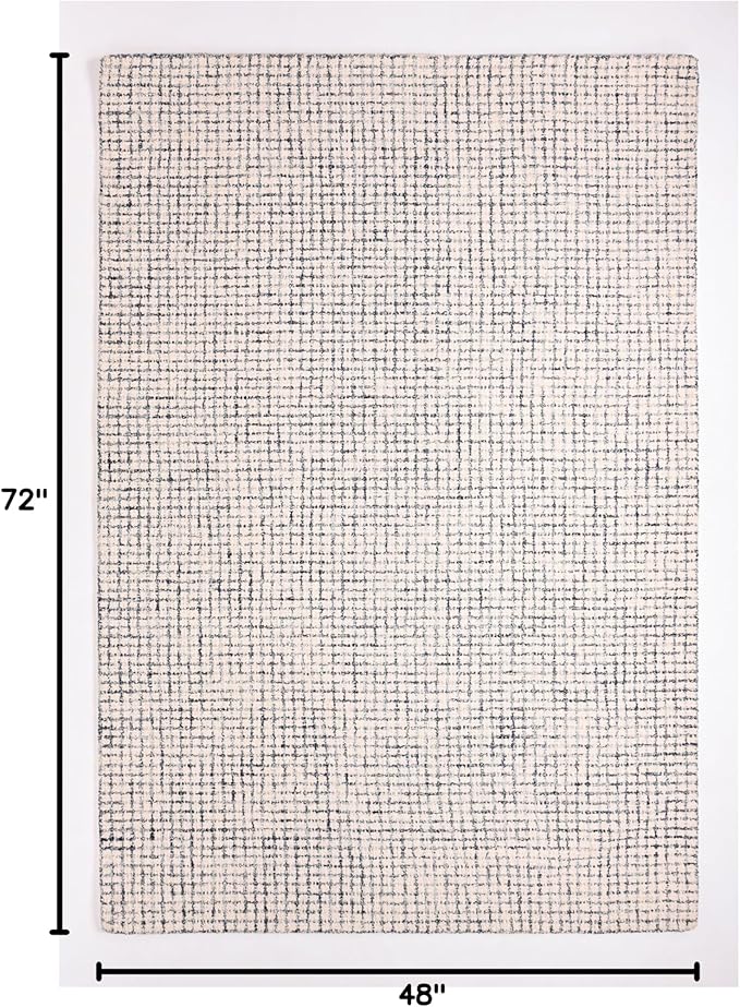 Hand-Tufted 100% Wool Pile Area Rug – Geometric Textured Grid Check Pattern – Thick and Durable Floor Carpet for Bedroom, Living Room, Kids Room, and Dining Area (Ivory, Denim, 4' x 6')