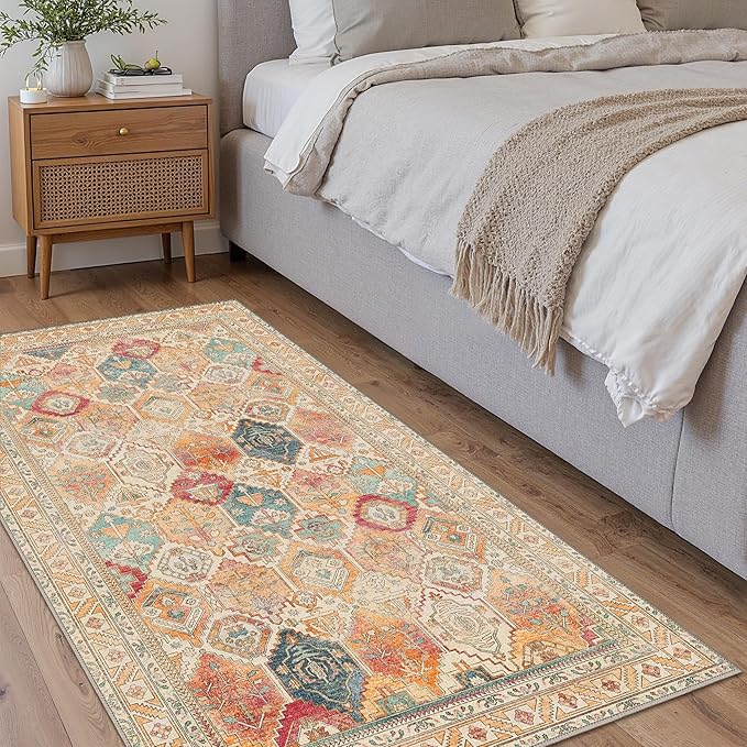 Bavni Kitchen Rug 2x5 Runner Rugs for Hallways Entryway, Washable Vintage Print Carpet, Ultra-Thin Chenille Low Pile Lightweight Rug with Non Slip Backing, Retro Multi