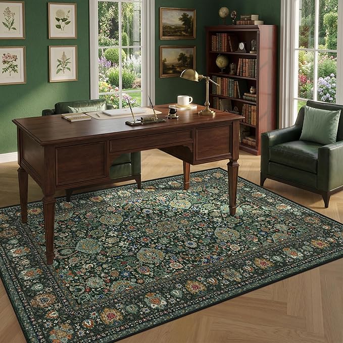 Dark Green Rug 4x6 Area Rug with Non-Slip Backing, Washable Rugs for Bedroom Living Room Kitchen, Distressed Carpet Printed Low-Pile Soft Dorm Rug Room Decor